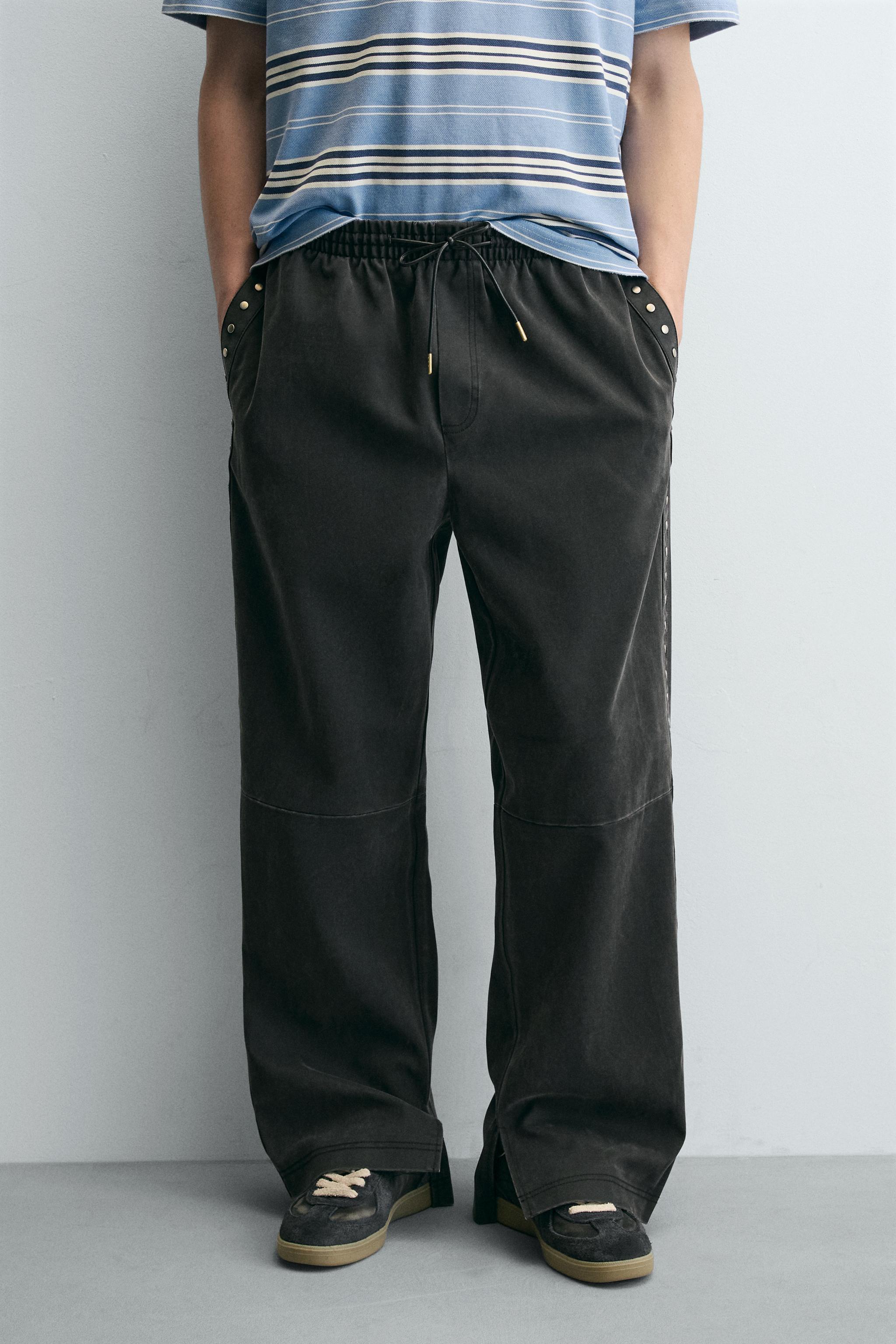 STUDDED FAUX LEATHER RELAXED FIT PANTS